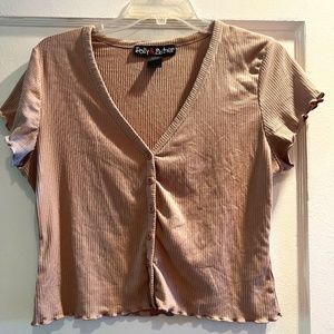Polly & Esther Tan V-Neck Button Blouse
